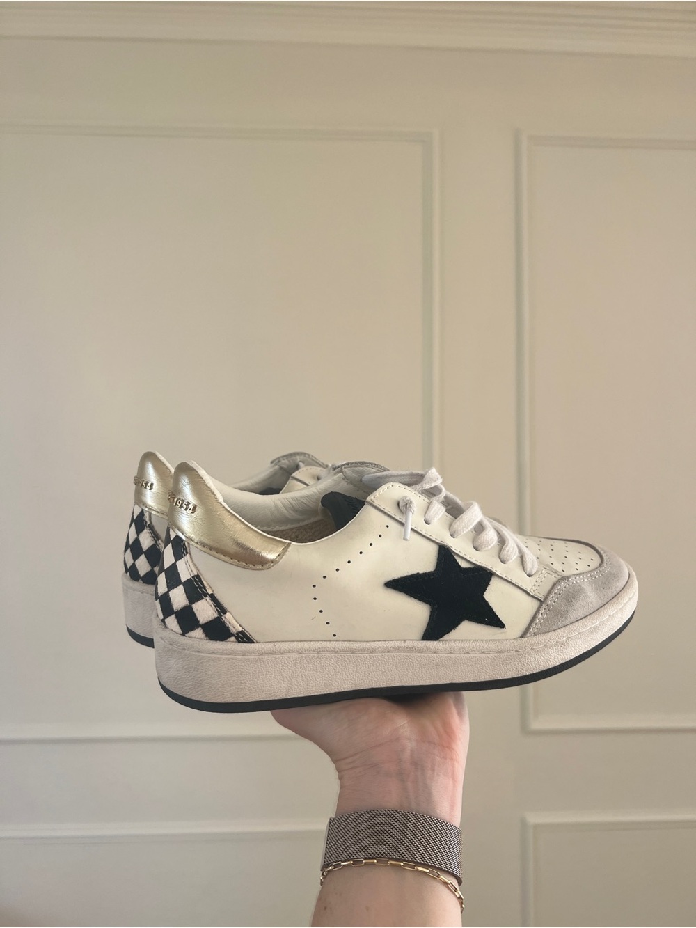 Vintage Havana White Sneakers with Black Star, Checkerboard and Gold Heel